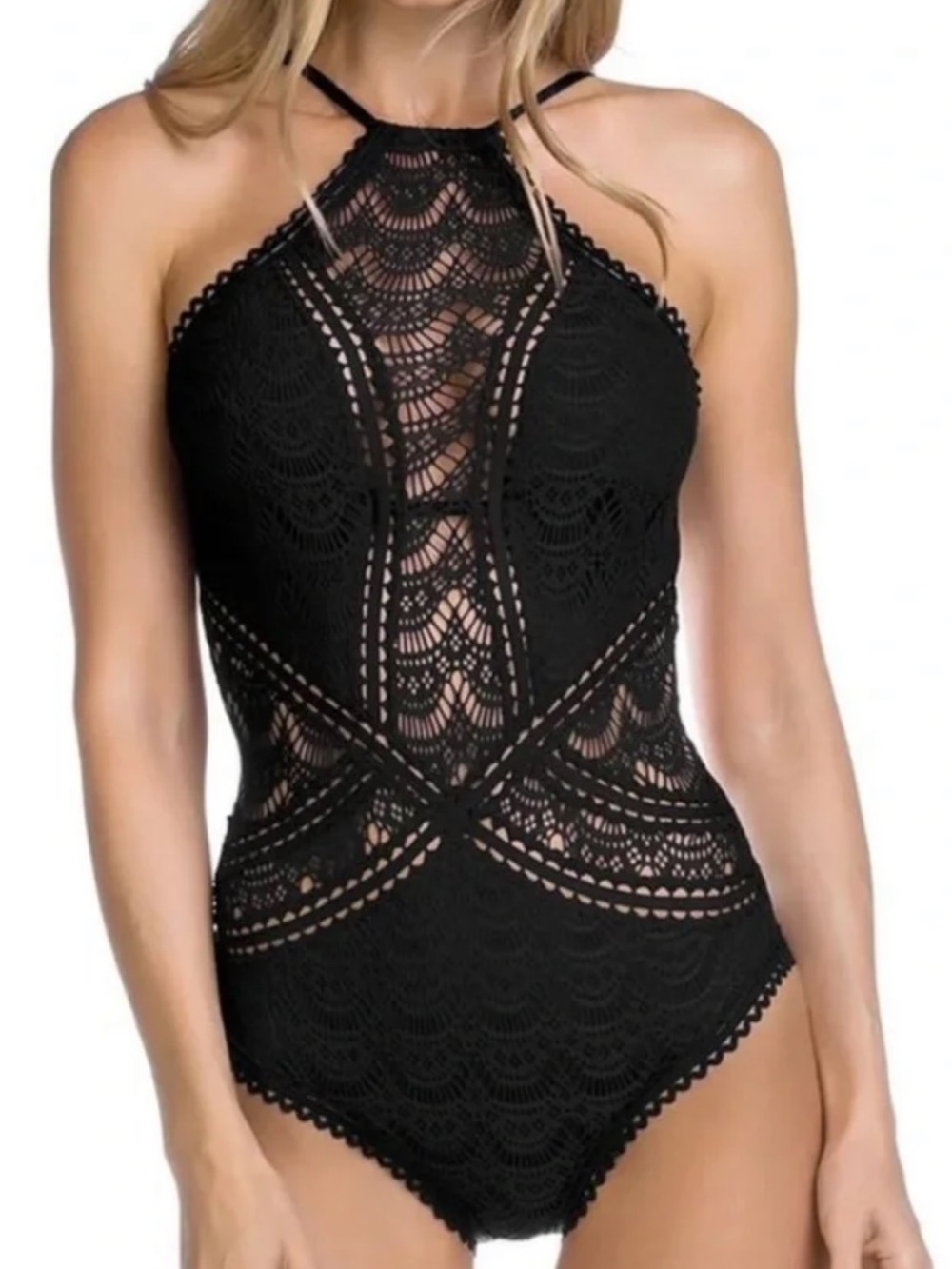 NWT Becca Black Crochet One Piece Swimsuit